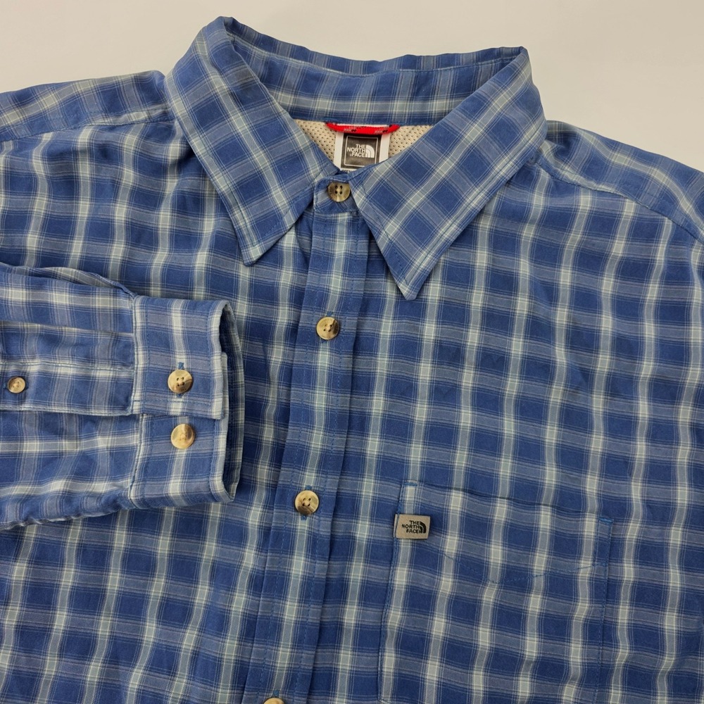 The North Face Mens Blue Plaid Modal Blend Long Sleeve Button Up Shirt AB5E L‎